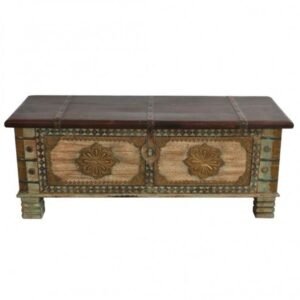 Overlay & Inset Brass Work Solid Wood Blanket Box Chest Green (7)